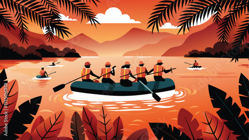 Create a vector illustration of an expedition team rafting down a wild river, showcasing teamwork and adventure.  Include detailed equipment and rugged terrain.