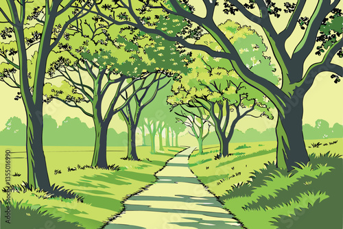 14 Tree-lined path, lush green canopy, dappled sunlight, spring foliage, tranquil park scene, winding walkway, symmetrical rows of trees, peaceful nature, verdant landscape, serene atmosphere, shadowy