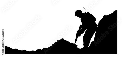 soldier climbing through rocky terrain black vector silhouette