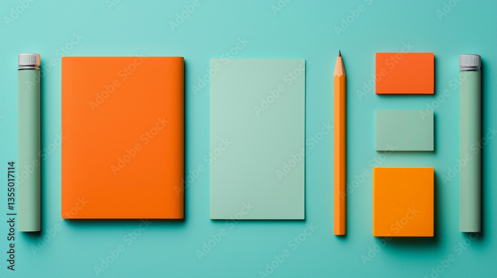 A visually appealing arrangement of stationery items in mint green and orange colors, including notebooks, sticky notes, and a pencil. A visually appealing arrangement of stationery items in mint green and orange colors, including notebooks, sticky notes, and a pencil.