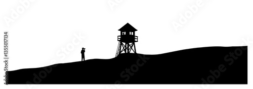 soldier observing watchtower on hill black vector silhouette
