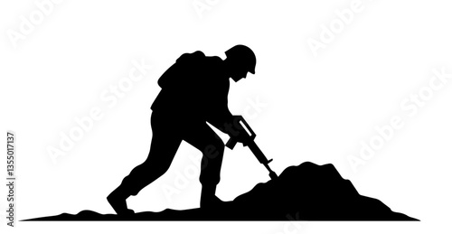 soldier holding rifle near mound black vector silhouette