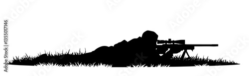 camouflaged sniper hidden in grass black vector silhouette