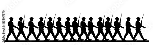 long formation of marching soldiers with rifles black vector silhouette