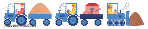 Work at Construction site. Bulldozer pushes earth. Tractor carries sand, house. Sketch vector illustration
