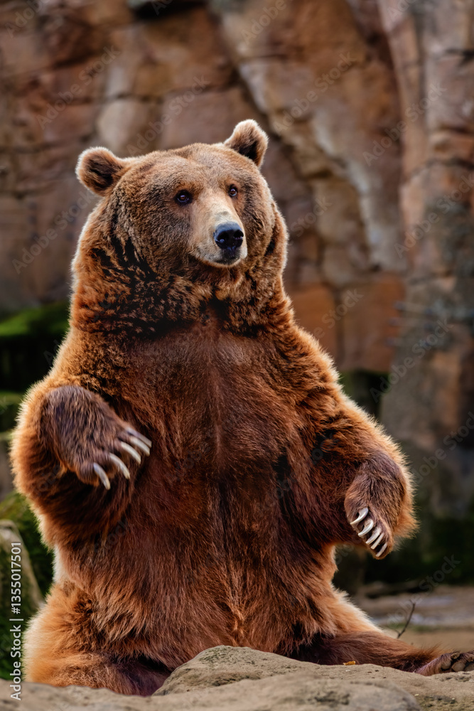 Fototapeta premium Brown Bear Sitting with One Paw Raised