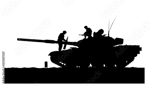 soldiers working on battle tank black vector silhouette