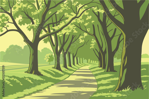 14 Tree-lined path, lush green canopy, dappled sunlight, spring foliage, tranquil park scene, winding walkway, symmetrical rows of trees, peaceful nature, verdant landscape, serene atmosphere, shadowy