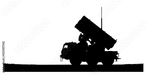 mobile missile launcher system on military truck black vector silhouette