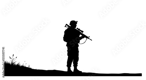 soldier standing with rifle on hill black vector silhouette