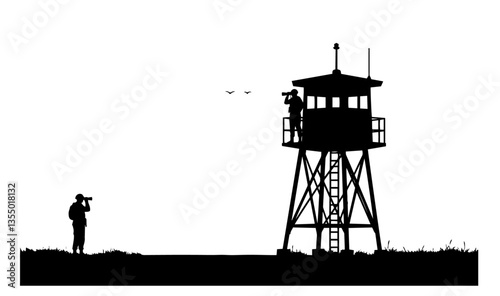 military watchtower with soldiers observing black vector silhouette
