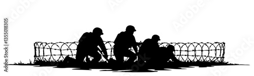 soldiers near barbed wire fence black vector war silhouette