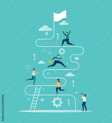 infographic illustration, The main stages of the timeline with pointers on the curved road, small people stand in the company and reason over each item, History of the company development conce vector