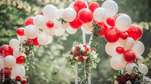 Obraz na płótnie Red and White Balloon Arch with Floral Decor w salonie