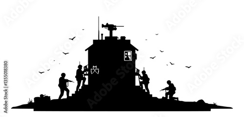 soldiers attacking building with weapons black vector silhouette