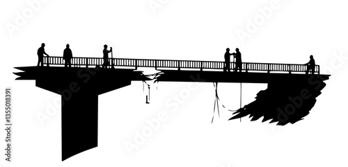 people standing on broken bridge black vector silhouette