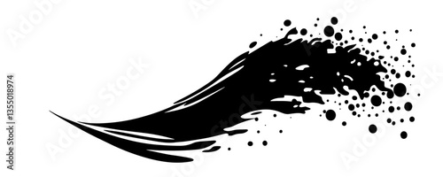 black brush stroke with curved shape and ink splatter black vector sketch