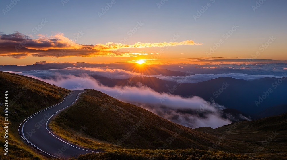 Fototapeta premium Breathtaking Mountain Road Leading to a Vibrant Sunset in the Sky : Generative AI