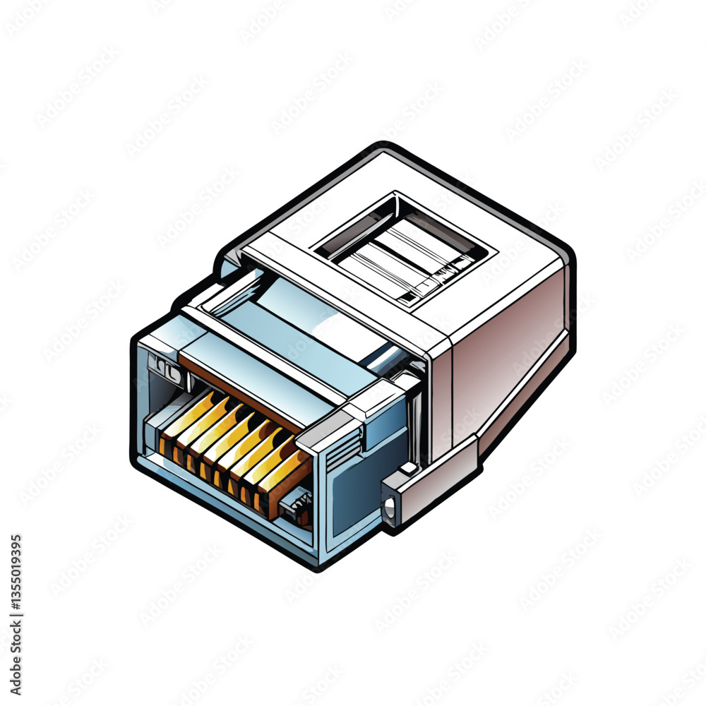 Create a precise vector illustration of an RJ45 Ethernet connector, clearly showing the T568A or T568B wiring configuration. Include detailed pinouts. Create a precise vector illustration of an RJ45 Ethernet connector, clearly showing the T568A or T568B wiring configuration. Include detailed pinouts.