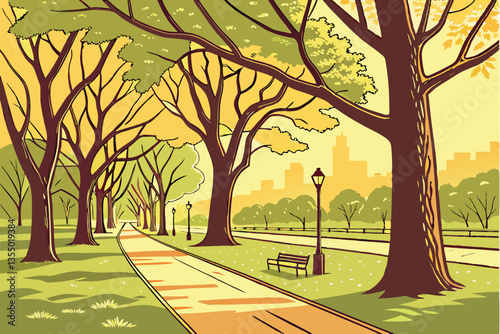 15 Tree-lined avenue, spring foliage, urban park, lush green grass, sunlit pathway, golden hour, tranquil atmosphere, vibrant colors, parallel roads, peaceful neighborhood, idyllic cityscape, dappled 