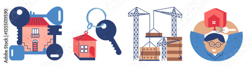 House keys. Ownership. Project handover. Real estate. Bought or rented house. Sketch vector illustration