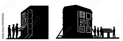 control room with people operating computers black silhouette illustration