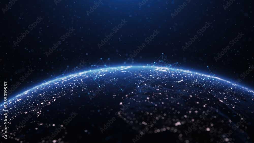 Fototapeta premium Earth, global network, city lights. Data visualization, information technology depicts worldwide communication, globalization, innovation.