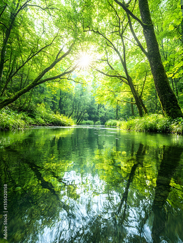 Fototapeta premium Lush forest stream reflecting sunlight