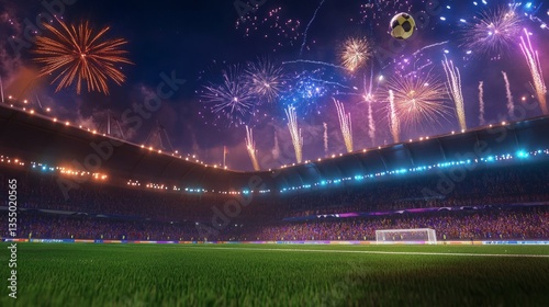 A captivating night scene at a football stadium featuring a view of the goalpost and lively fireworks overhead, capturing the essence of celebration and excitement.. AI Generation
