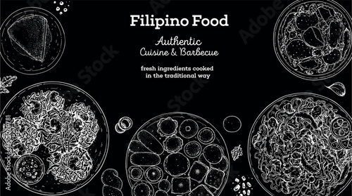 Filipino food top view vector illustration. Food menu design template. Hand drawn sketch. Filipino food menu. Vintage style.