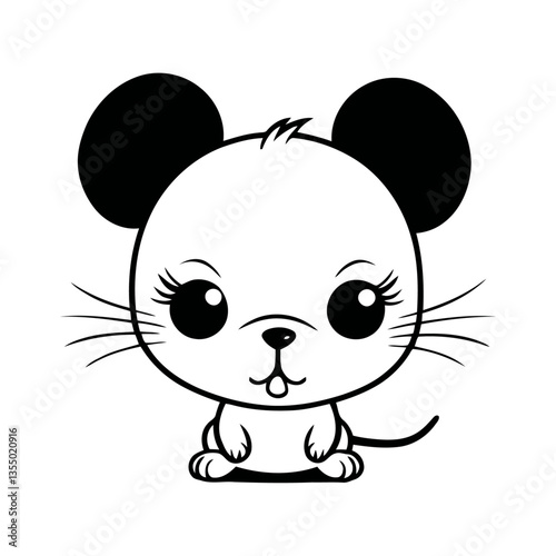 black and white vector illustration of a baby mouse with a sad face, sitting alone on a white background