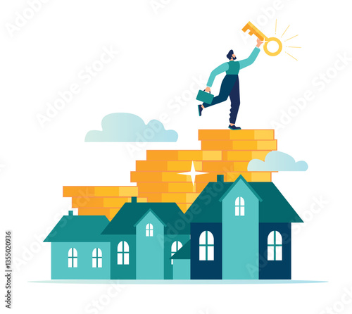 Vector illustration, The concept of a real estate business with houses, the growing real estate market, the increase in the value of houses and square meters, the purchase of real estate