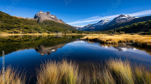 Stunning landscape of a serene mountain lake reflecting the blue sky and surrounding rugged terrain : Generative AI