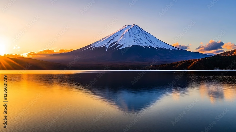 Breathtaking view of Mount Fuji reflecting beautifully in a calm lake during sunset : Generative AI Breathtaking view of Mount Fuji reflecting beautifully in a calm lake during sunset : Generative AI