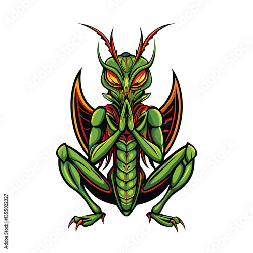 Create a detailed vector illustration of a praying mantis exhibiting a defensive posture, showcasing its forelegs and spiny body.