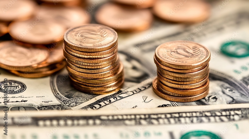 Stacks of copper coins arranged on American dollar bills illustrating wealth and financial savings : Generative AI Stacks of copper coins arranged on American dollar bills illustrating wealth and financial savings : Generative AI