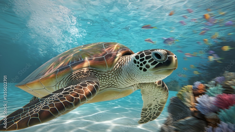 Obraz premium Red Sea Turtle Swimming Gracefully Near Coral Reef