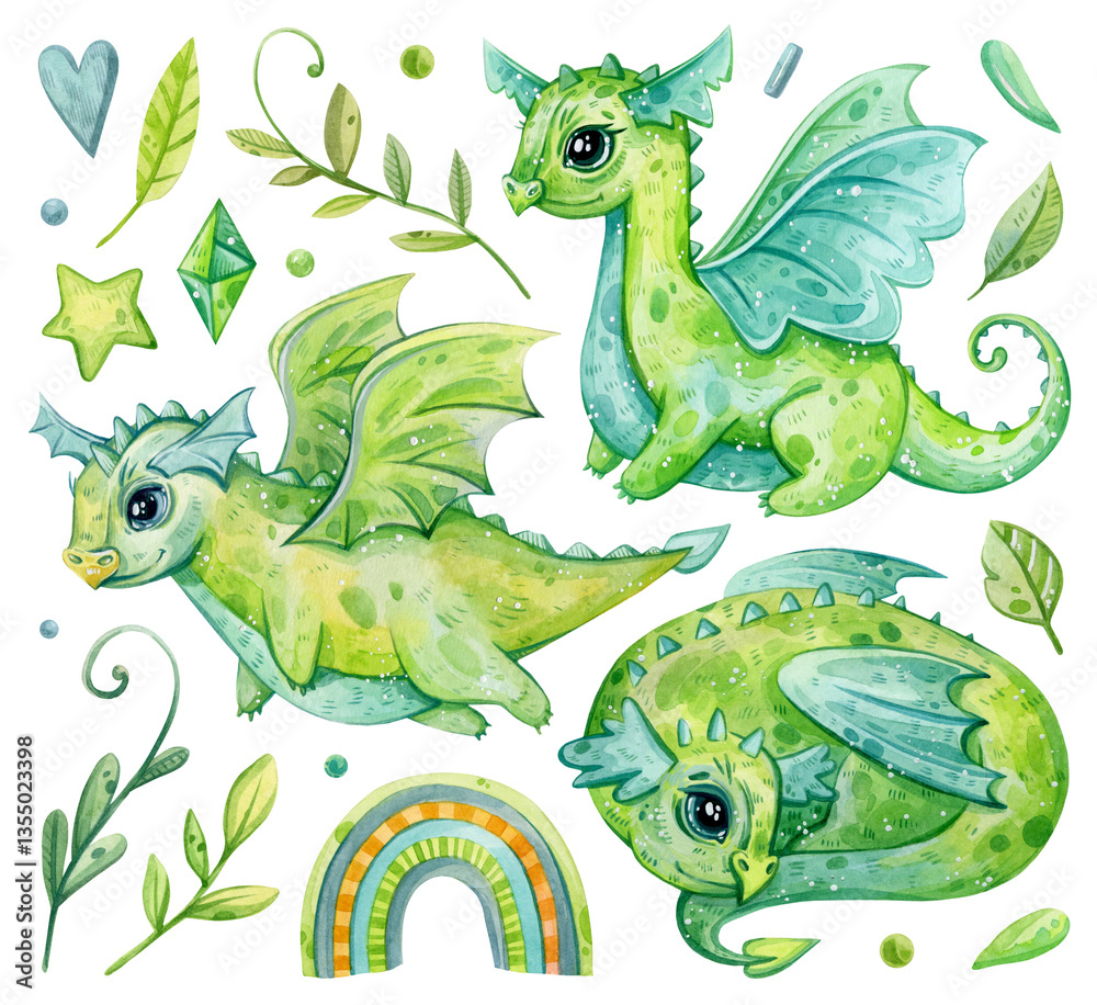 Fototapeta premium Watercolor hand painting green cute dragon illustration set. Isolated on white background. Floral, plants, stars, nature, rainbow, gems. Use it for cards, invitations and scrapbooking.