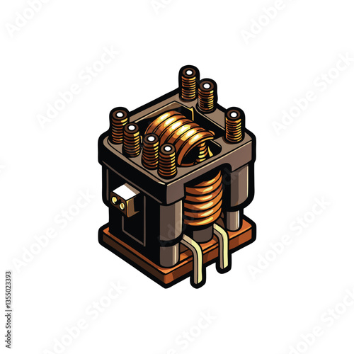 Create a detailed vector illustration of an electromechanical relay switch, clearly showcasing the coil and contact (1) in its activated state.  Show internal components.