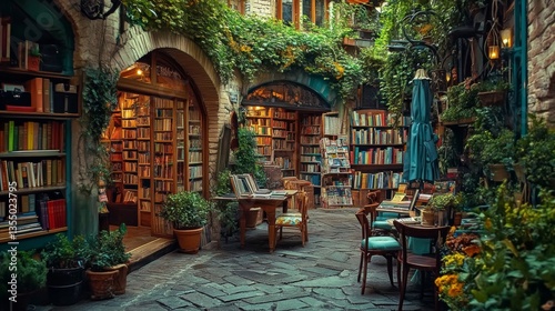 A cozy courtyard bookshop surrounded by lush greenery and inviting seating. Bookshelves line the walls, creating an immersive reading experience in a vibrant outdoor setting.. AI Generation