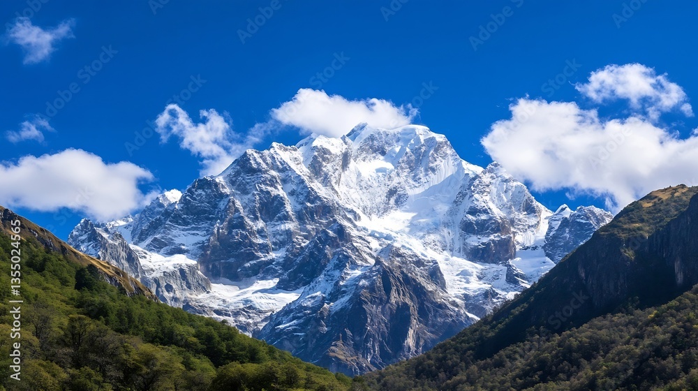 Fototapeta premium Majestic mountain landscape with snow capped peaks under a vibrant blue sky and fluffy clouds : Generative AI