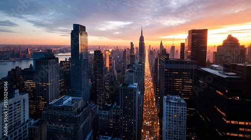 Breathtaking sunset over the New York City skyline showcasing vibrant colors and iconic buildings : Generative AI