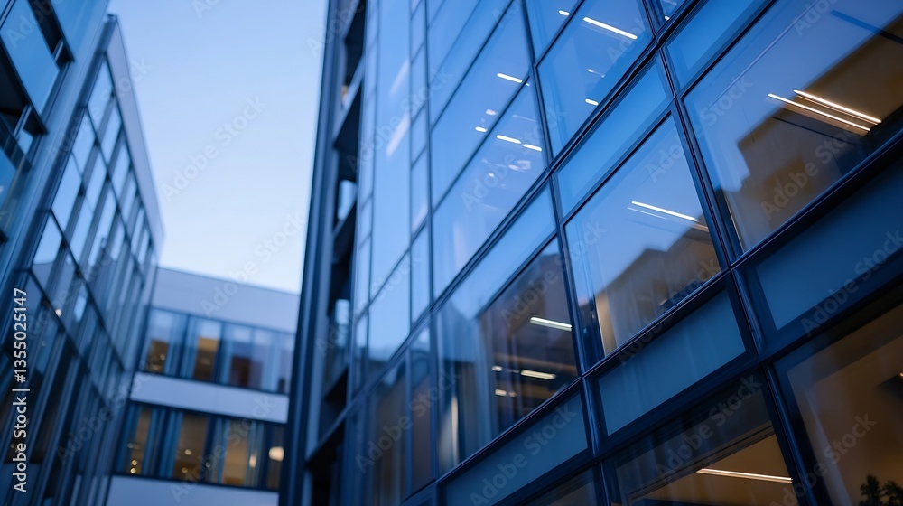 Modern urban architecture with glass buildings reflecting the evening sky in a cityscape : Generative AI Modern urban architecture with glass buildings reflecting the evening sky in a cityscape : Generative AI
