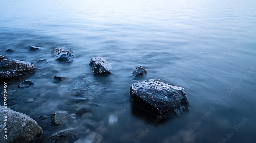 Tranquil waters softly lapping against smooth stones in a serene landscape at dusk : Generative AI Tranquil waters softly lapping against smooth stones in a serene landscape at dusk : Generative AI