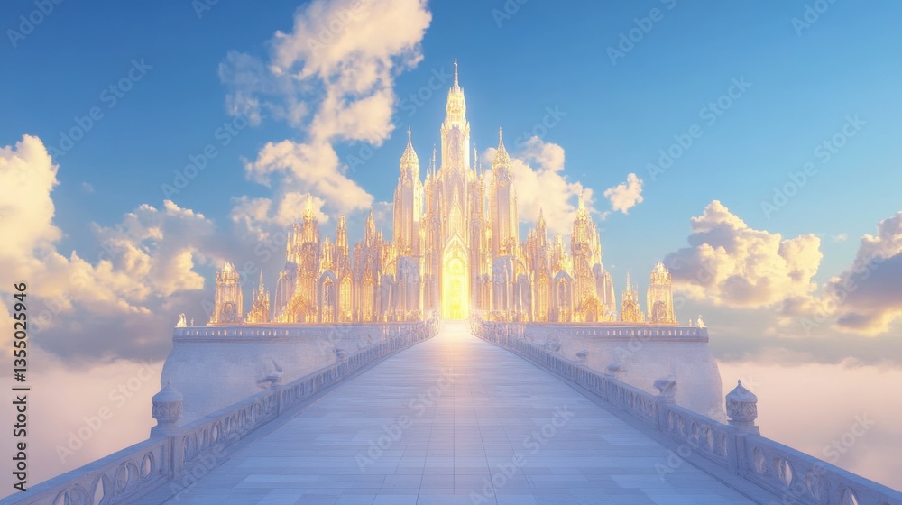 Obraz premium A gleaming white castle extends towards a bright sunlit sky