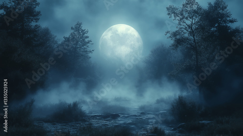 Full moon illuminating misty forest river with silhouetted trees creating atmospheric night landscape, perfect for fantasy or mystery concept background