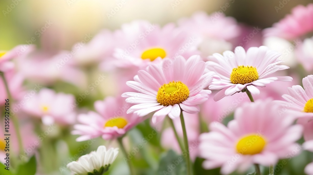 Fototapeta premium Delicate Pink Daisies Blooming in a Lush Garden Embraced by Soft Natural Light : Generative AI