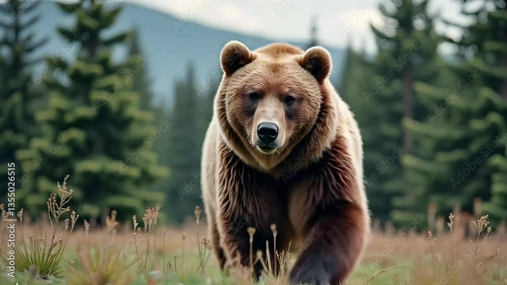 Grizzly bear walking confidently through a lush forest landscape Grizzly bear walking confidently through a lush forest landscape