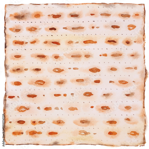 Hand-drawn realistic watercolor illustration of Matzah square sheet for Spring Israeli Holiday Passover. Traditional Jewish dry bread for seder pesach - Passover meal. Main religious kosher food.