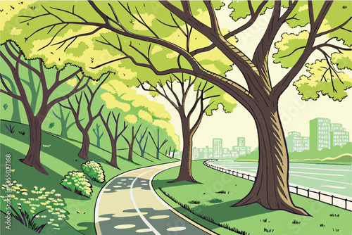 16 Tree-lined avenue, urban park, spring foliage, winding road, green canopy, tranquil cityscape, sunlit path, water feature, residential buildings, lush grass, peaceful atmosphere, bike lane, shadows
